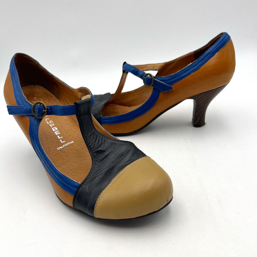Jeffrey Campbell Tan Black Blue Two-Tone T-Strap Heels